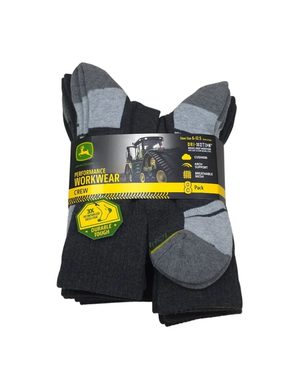 John Deere Performance Workwear Crew Socks 8-Pack Moisture-Wicking Arch Support